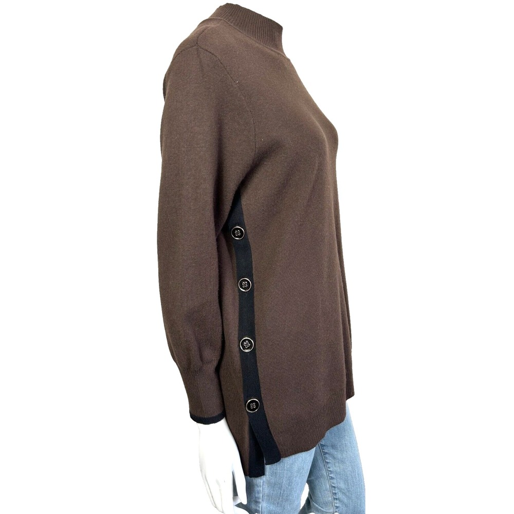Chicos Knit Tunic Sweater Brown Funnel Neck Black Contrast Button Trim 2P LP